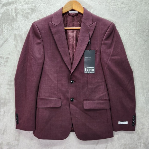 Bar III Blazer Mens 40L 40 Long Burgundy Skinny Fit Wool Blend Suit Jacket New - Picture 1 of 10